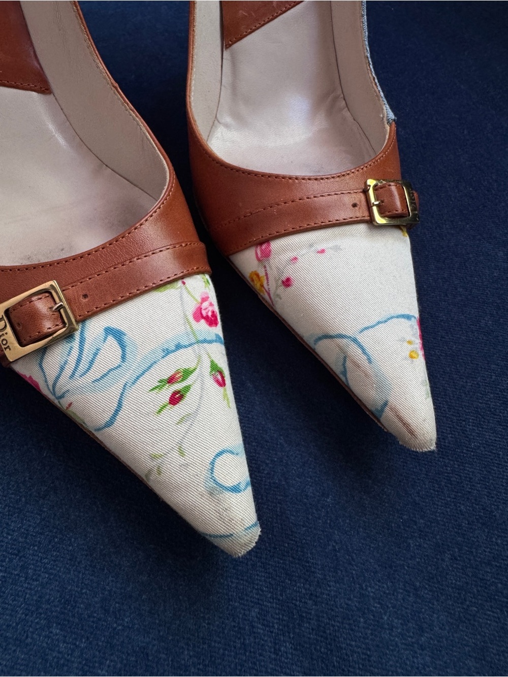 Christian Dior denim and leather floral heels Size 36 1/2 - Picture 2 of 8